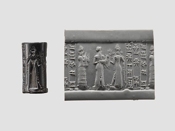 Cylinder seal and modern impression: suppliant goddess and offering bearer approaching Ishtar, three columns of inscription