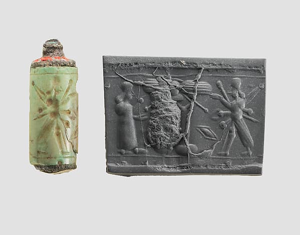 Cylinder seal (with caps preserved) with cultic scene