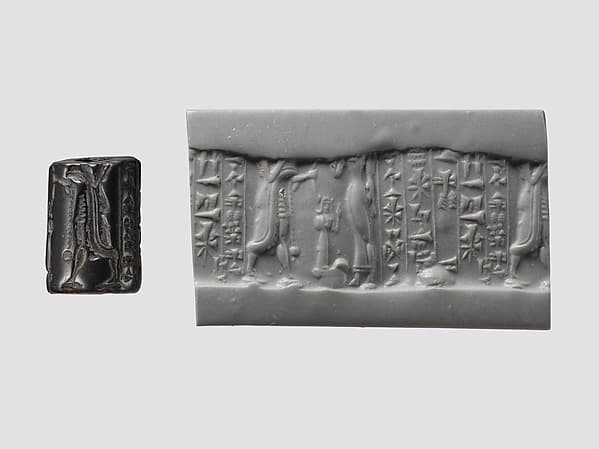 Cylinder seal and modern impression: confronted king and goddess (?), five rows of inscription