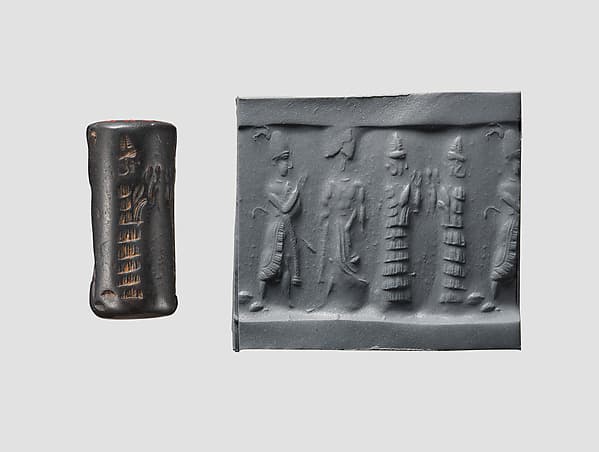 Cylinder seal and modern impression: suppliant goddesses and worshipers