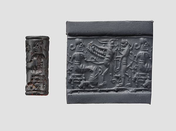 Cylinder seal and modern impression: confronted upright lion and griffin before a seated figure