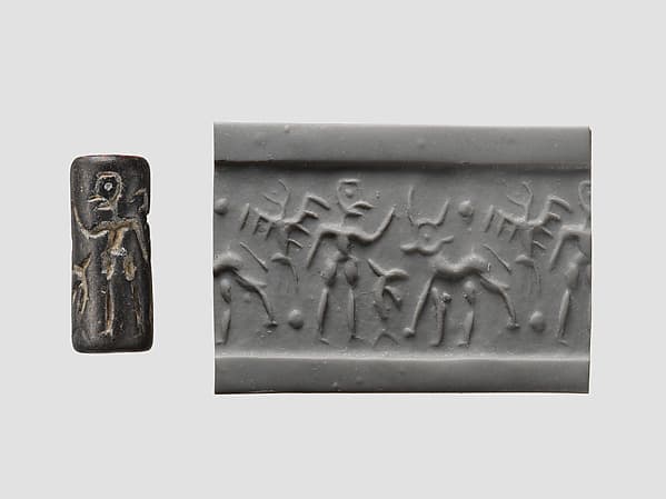 Cylinder seal and modern impression: bird, man, horned animal