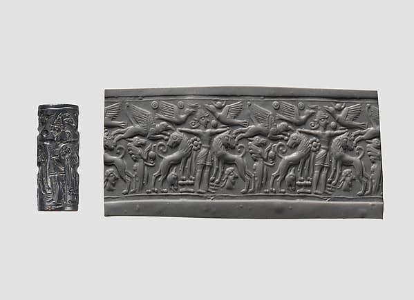 Cylinder seal and modern impression: Master of Animals between lions, griffins, Minoan genius