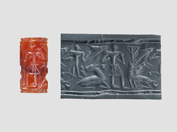 Cylinder seal and modern impression: man, goat, griffin, nude figure, and "impaled triangle"