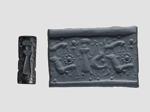 Cylinder seal and modern impression: female figure, ibex, lion