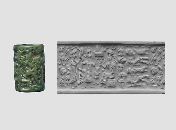 Cylinder seal and modern impression: goddess leading a worshiper to a seated deity; bull god