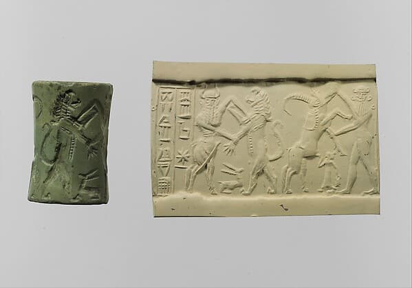 Cylinder seal and modern impression: bull-man combatting lion; nude hero combatting water buffalo; inscription