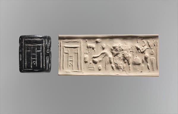 Cylinder seal and modern impression: ritual scene before a temple facade