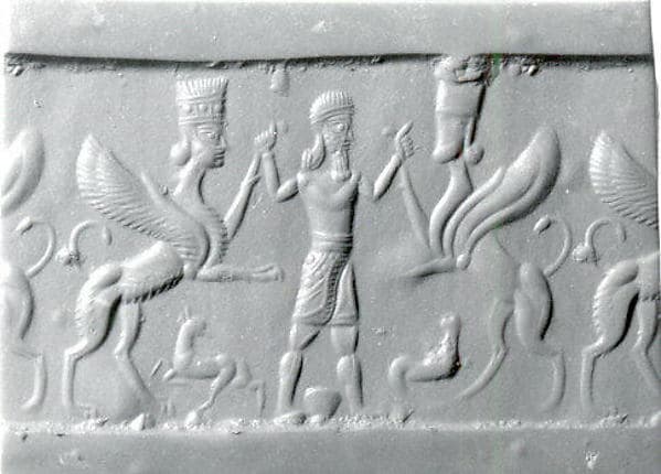 Cylinder seal with three-figure contest scene