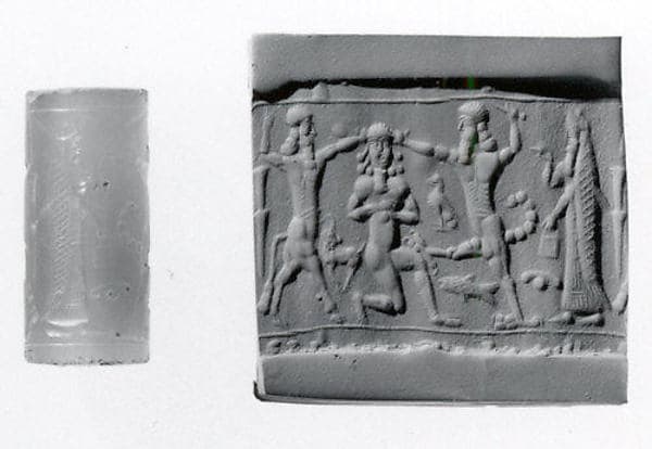 Cylinder seal with three-figure contest scene