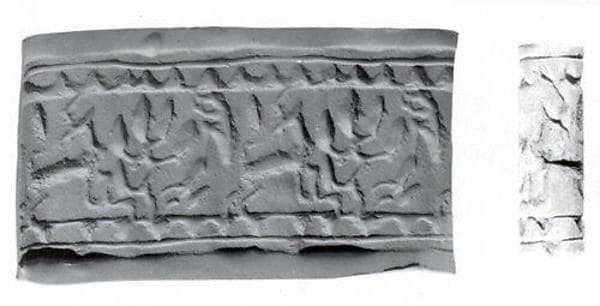 Cylinder seal and modern impression: horned animal and tree