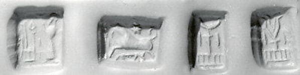Stamp seal (cubical) with cultic scene, animals, and divine symbols