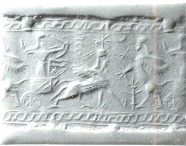 Cylinder seal with chariot hunting scene and Old South Arabian inscription