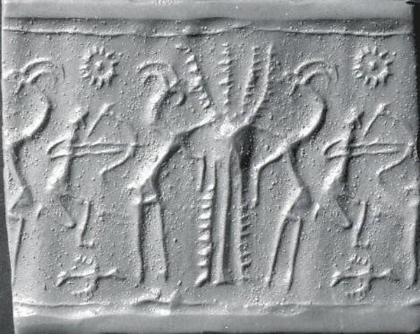 Cylinder seal and modern impression: kneeling archer and goats flanking tree