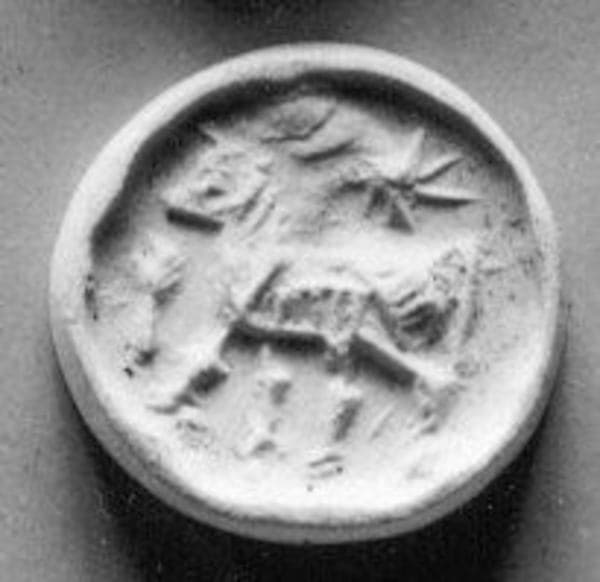 Stamp seal (bifacial disk) with animals and divine symbols