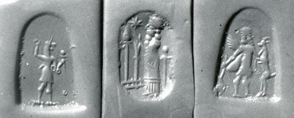 Stamp seal (octagonal pyramid) with cultic scene, demon, and two-figure contest