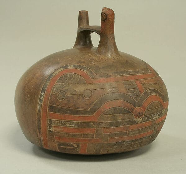 Double Spout and Bridge Bottle with Feline and Bird