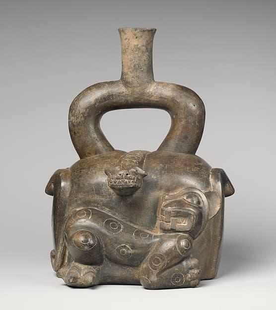 Stirrup-spout bottle with feline and snake, by Cupisnique artist(s)