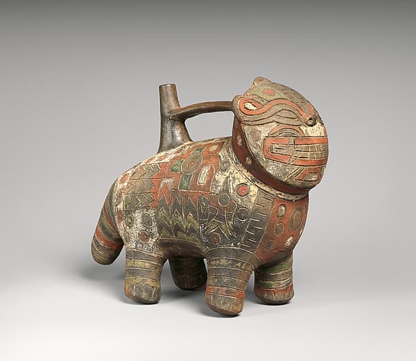 Feline-shaped spout-and-bridge bottle, by Paracas artist(s)