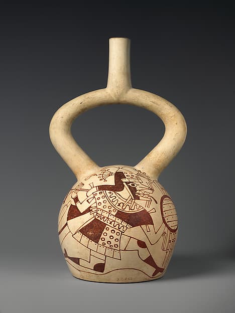 Stirrup-spout bottle with fox warrior, by Moche artist(s)