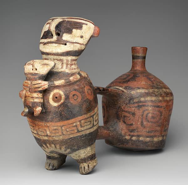 Double-chambered bottle with effigy figures, by Vicús artist(s)