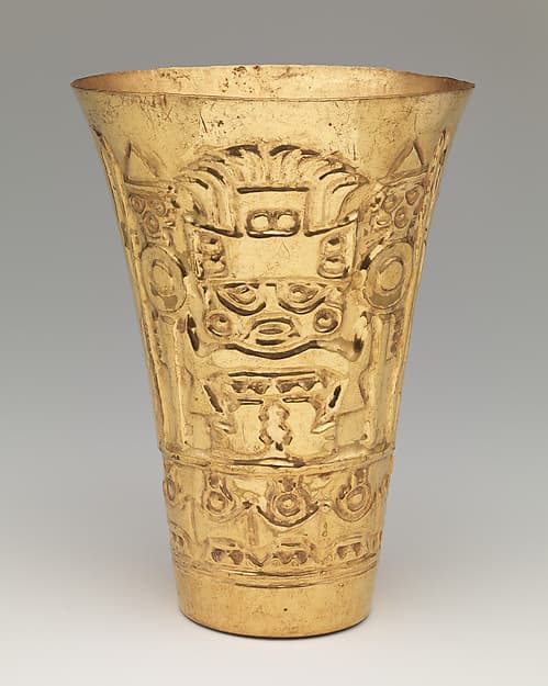 Beaker with frontal figure, by Lambayeque (Sicán) artist(s)