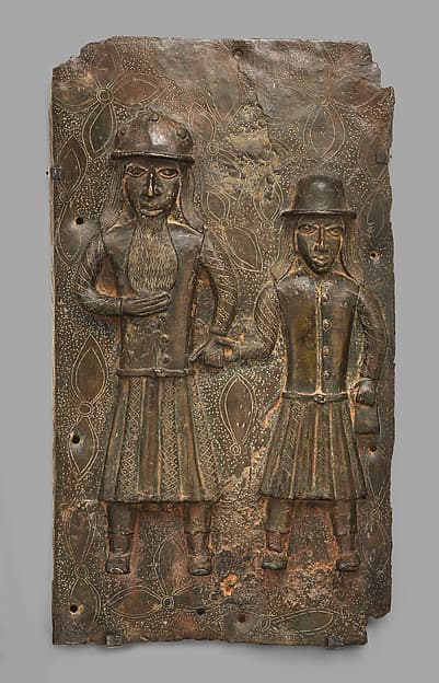 Plaque with Two Portuguese Merchants, by Ìgùn Ẹ́rọ̀nwwọ̀n (brass-casting guild) artists