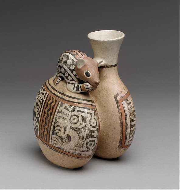 Double-chambered bottle with mouse, by Recuay artist(s)