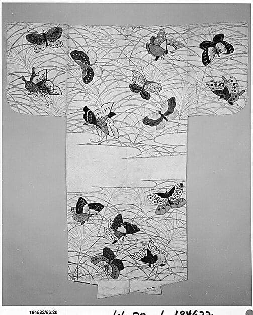 Noh robe (Nuihaku) with Design of Butterflies and Miscanthus Grass in Mist