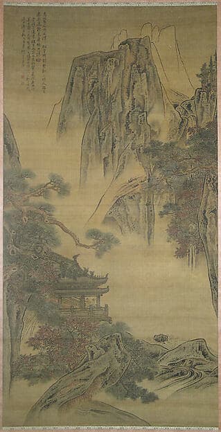 Viewing a waterfall from a mountain pavilion, by Li Yin