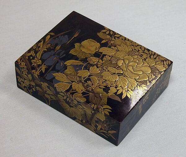Box for Incense with Design of Peonies, Iris, Morning Glories, and Wisteria, by Kajikawa School