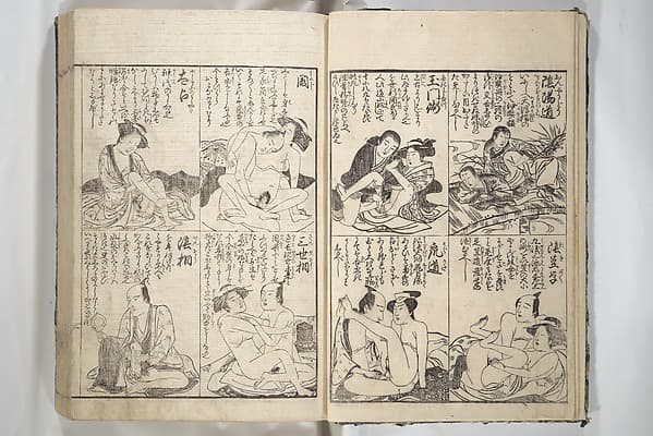 Erotica; Compendium Guide to the Brothels of Osaka (Keiryaku ōzassho gyokumon taisei) 閨暦大雑書玉門大成, by Kitao Shigemasa 北尾重政