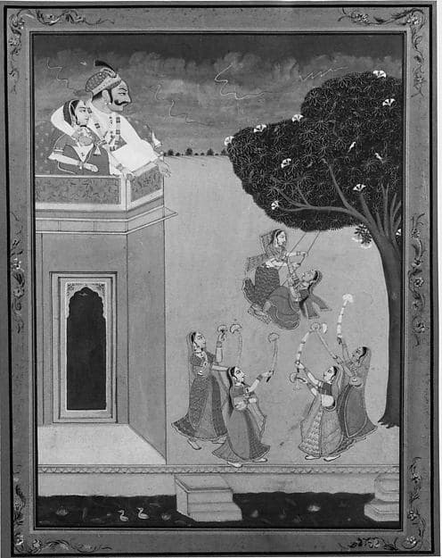 Princely Couple on Balcony Watching Maidens on Swing and Dancers
