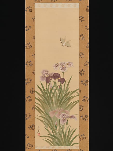 Irises and Moth, by Suzuki Kiitsu