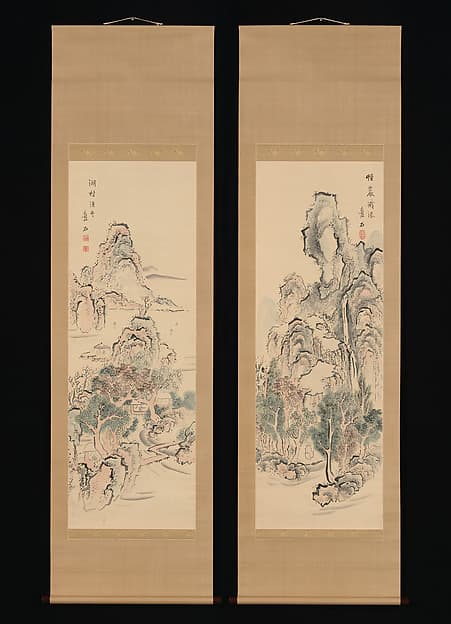 Fantastic Rocks with Cascading Waterfall; Fishing Boats by a Lake Hamlet, by Aiseki
