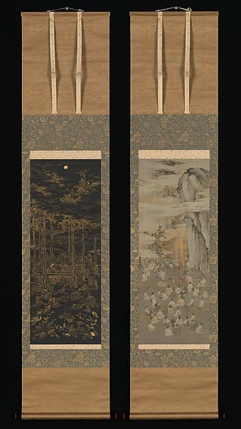 Luring the Sun Goddess Amaterasu Out of a Cave with Music; Death of the Historical Buddha, by Kōno Bairei