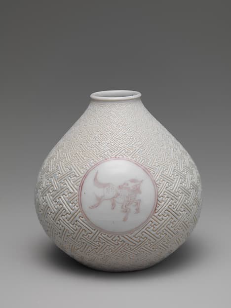 Vase with Horse and Kirin on Geometric Sayagata (key fret) Pattern (one of a pair), by Makuzu Kōzan I (Miyagawa Toranosuke)