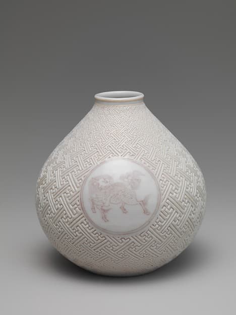 Vase with Horse and Kirin on Geometric Sayagata (key fret) Pattern (one of a pair), by Makuzu Kōzan I (Miyagawa Toranosuke)