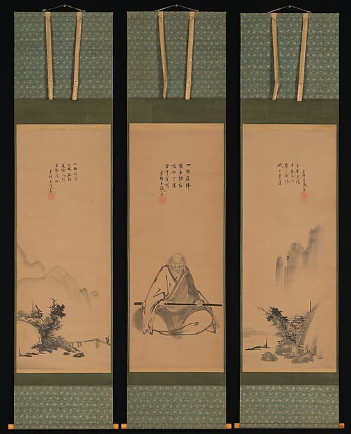 Zen Master with Meditation Staff, and Chinese-Style Landscapes, by Unkoku Tōeki