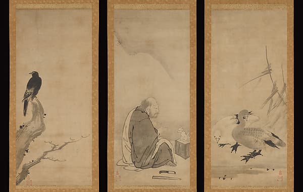 Monk Zhaozhou and Dog, with Geese and Mynah, by Unkoku Tōeki