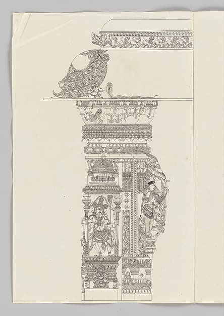 Shiva as Tripsurasamhara; woman holding a flywhisk; rearing yali, by Unidentified