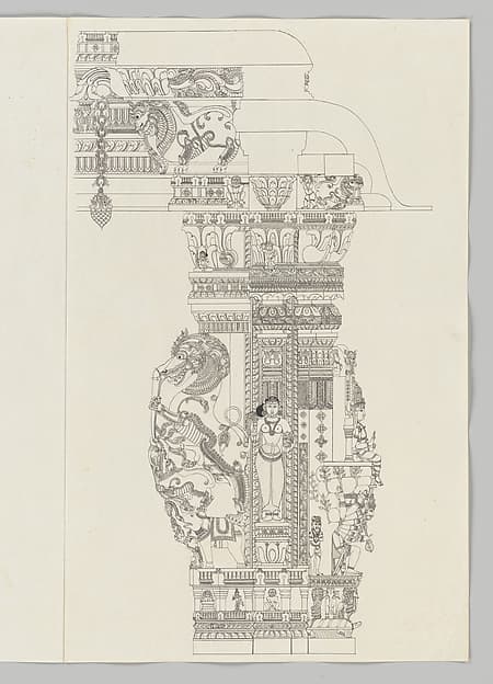Shiva Ravananugrahamurti; woman holding a flywhisk; rearing yali, by Unidentified