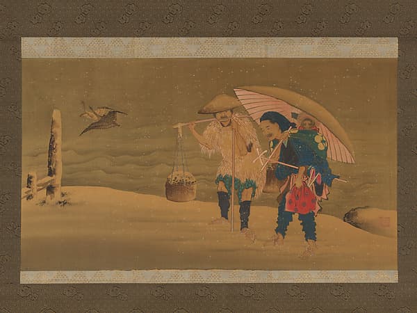 Monkey Showman and Porter(?) in the Snow, by Hokuga