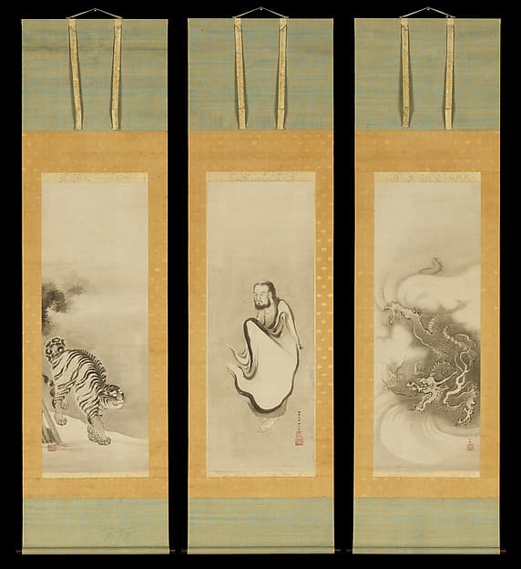 Shakyamuni Emerging from the Mountains, with Dragon and Tiger, by Kano Sansetsu