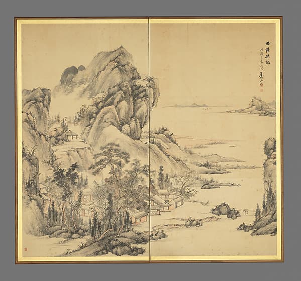 “At leisure in a lakeside grove in autumn”, by Hine Taizan