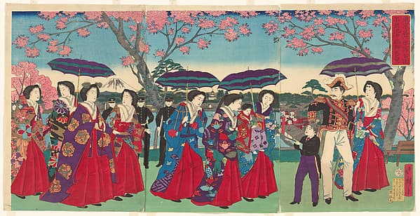 View of Benten Shrine on Nakanoshima Island in Shinobazu Pond, Ueno Park, from the series Famous Views of Tokyo (Tōkyō Tokyo meisho yori Ueno kōen Shinobazu no ike Nakanoshima Benten no kei), by Utagawa Hiroshige III