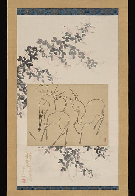Preliminary Drawing of Three Deer Mounted on a Hanging-scroll Painting of Flowering Bush Clover, by Ogata Kōrin