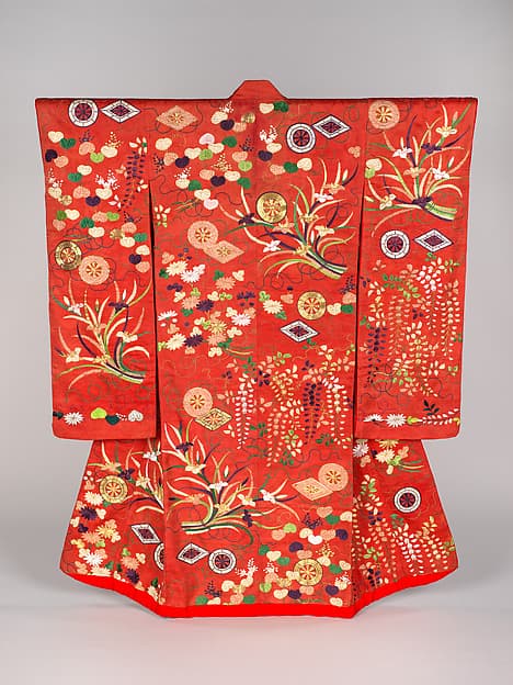 Over Robe (Uchikake) with Genji Wheels, Narcissus Bouquets, Wild Ginger Leaves, Wisteria, and Chrysanthemums