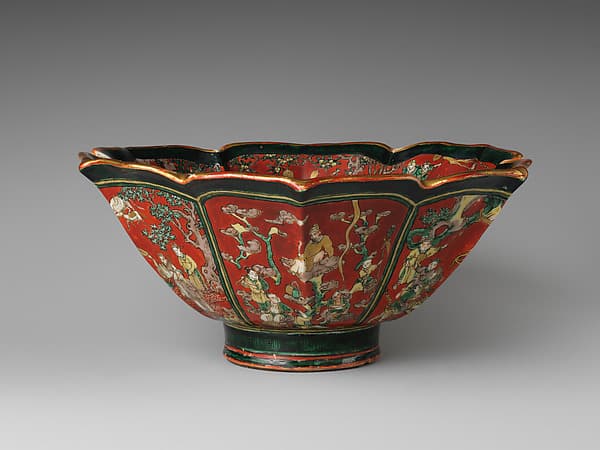 Hexagonal Foliated Bowl with Auspicious Chinese Themes and Sages, by Aoki Mokubei