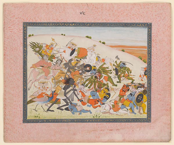 Devi vanquishes the demon Nisumbha and his armies; folio from a Devi Mahatmya series.